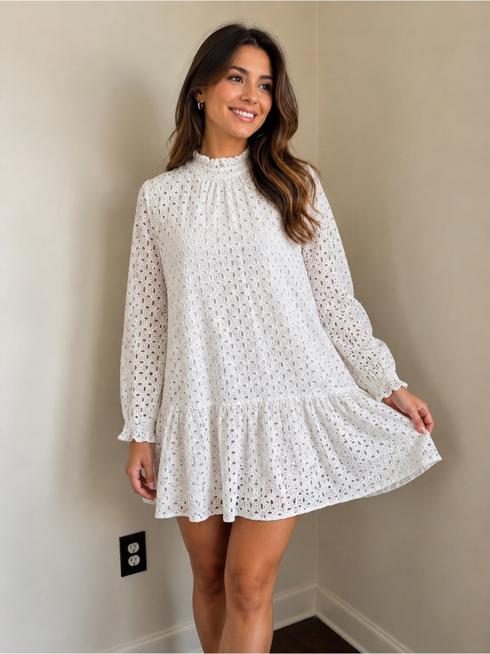 JODIFL White Eyelet Mini Dress with Ruffle Hem